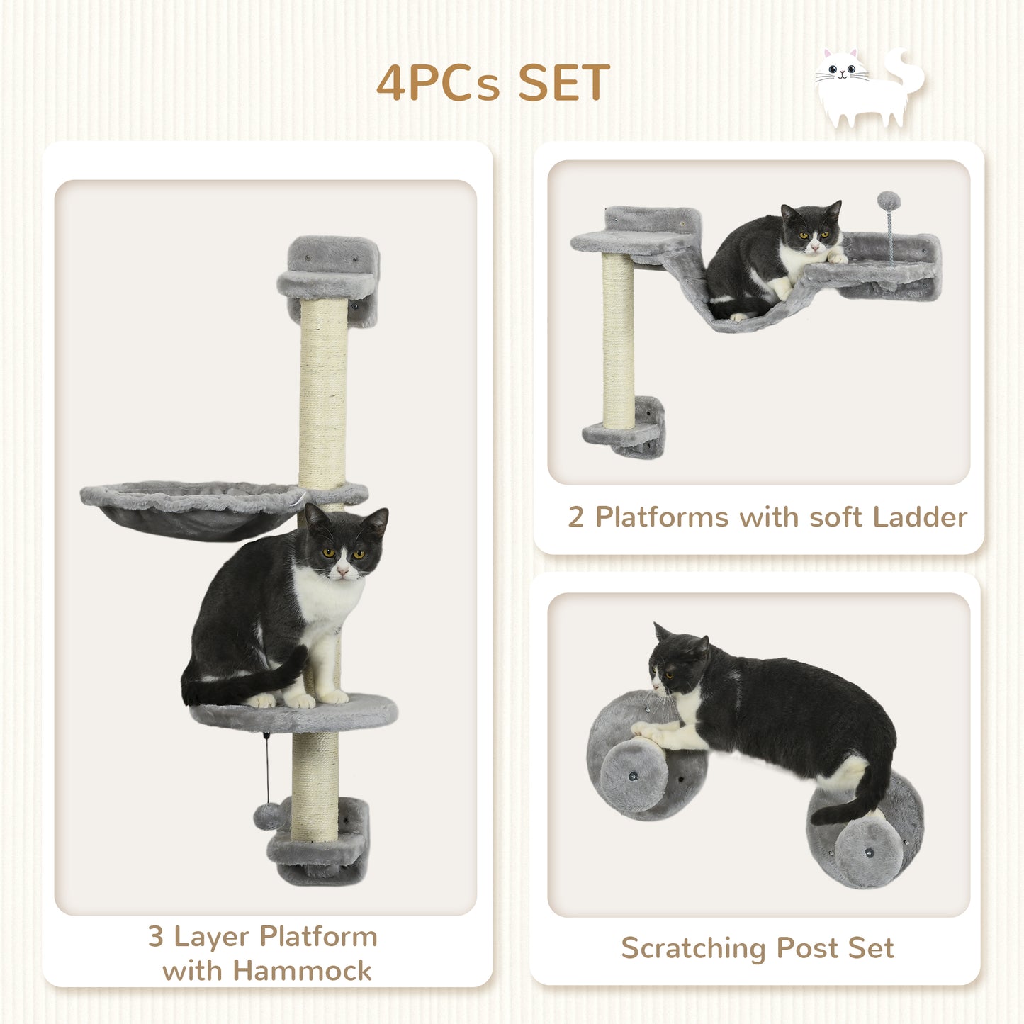 Cat Shelves Fit Up To 5Kg 4 Piece Set With Hammock Perches Aosom UK