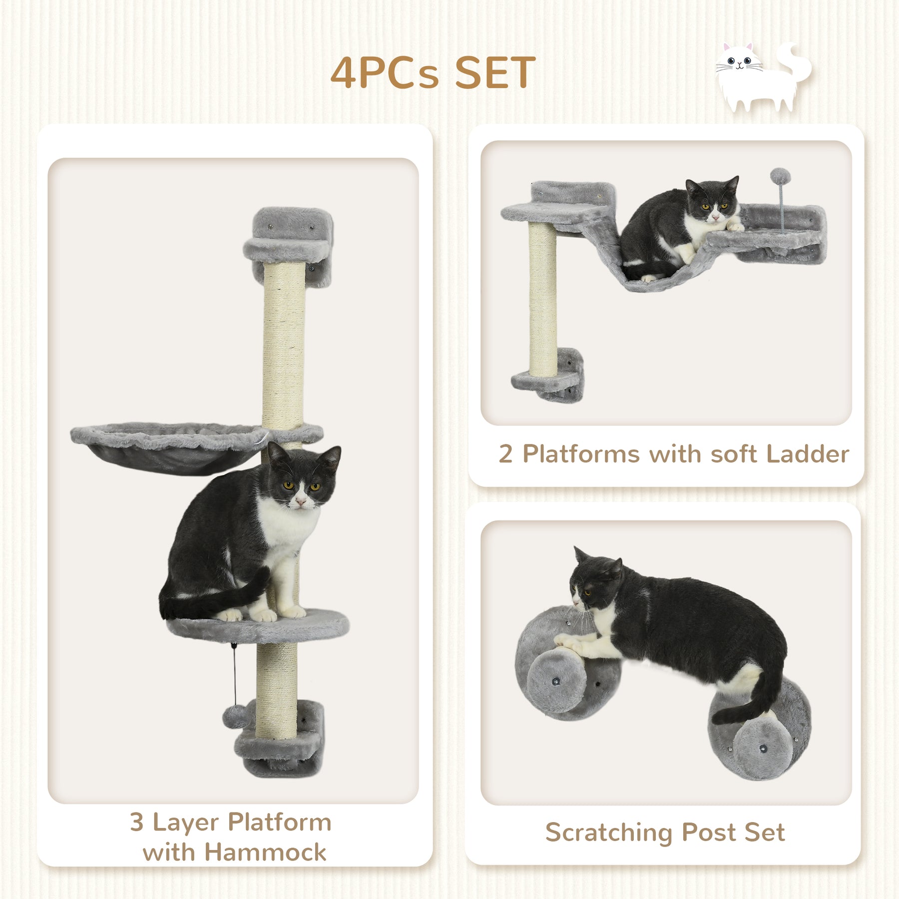Cat Shelves Fit Cat Up to 5kg, 4-Piece Set with Hammock, Perches, Ladder, Scratching Post, Safe for Cats to Play, Grey