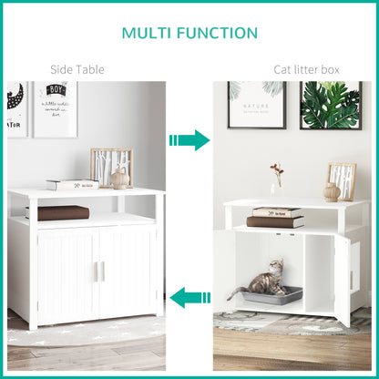 PawHut Wooden Cat Litter Box Enclosure Furniture with Adjustable Interior Wall & Large Tabletop for Nightstand, White PawHut