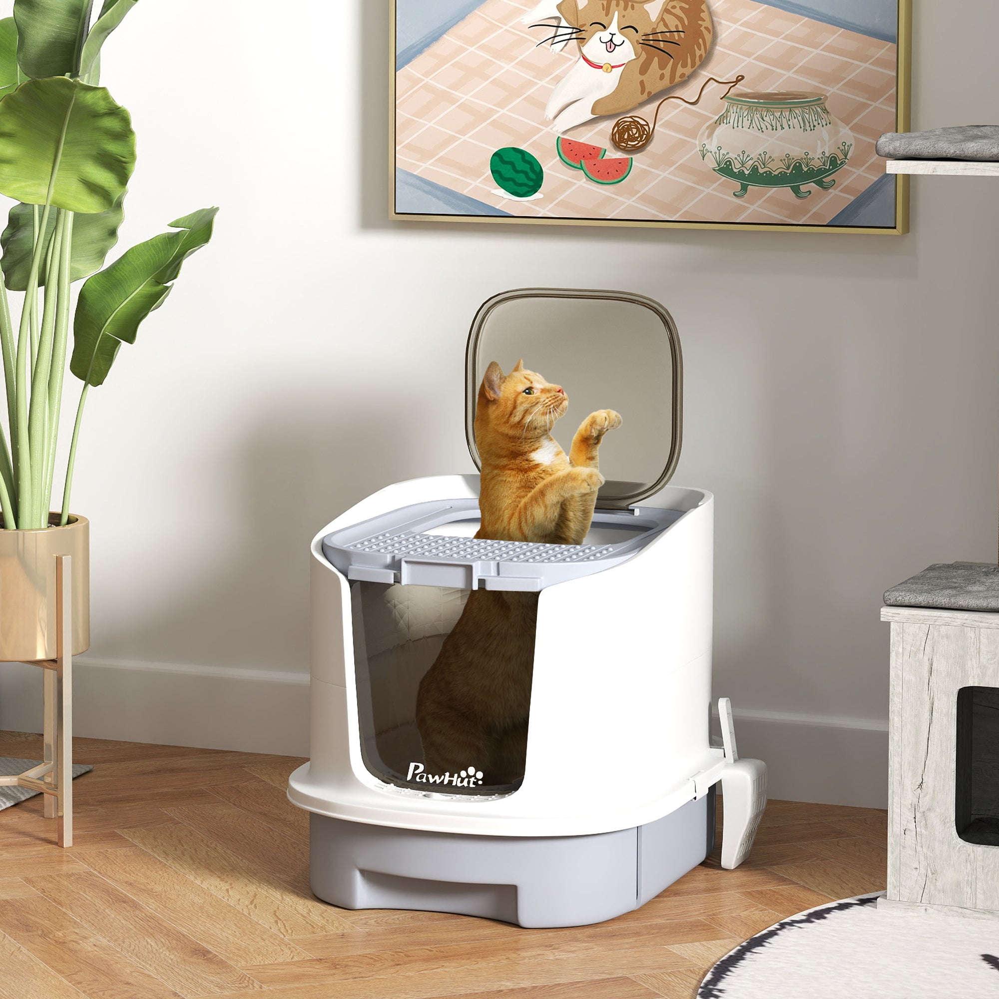 Cat Litter Box with Lid, Scoop, Deodorization Bags, Top Entry, Cat Toilet Easy Clean with Drawer Pan, Grey
