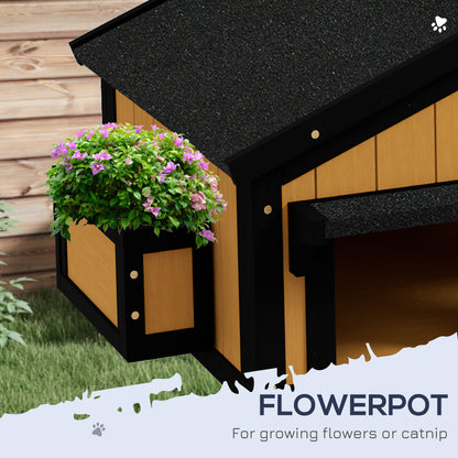 Wooden Cat House With Flower Pot Windows Multiple Entrances Aosom UK