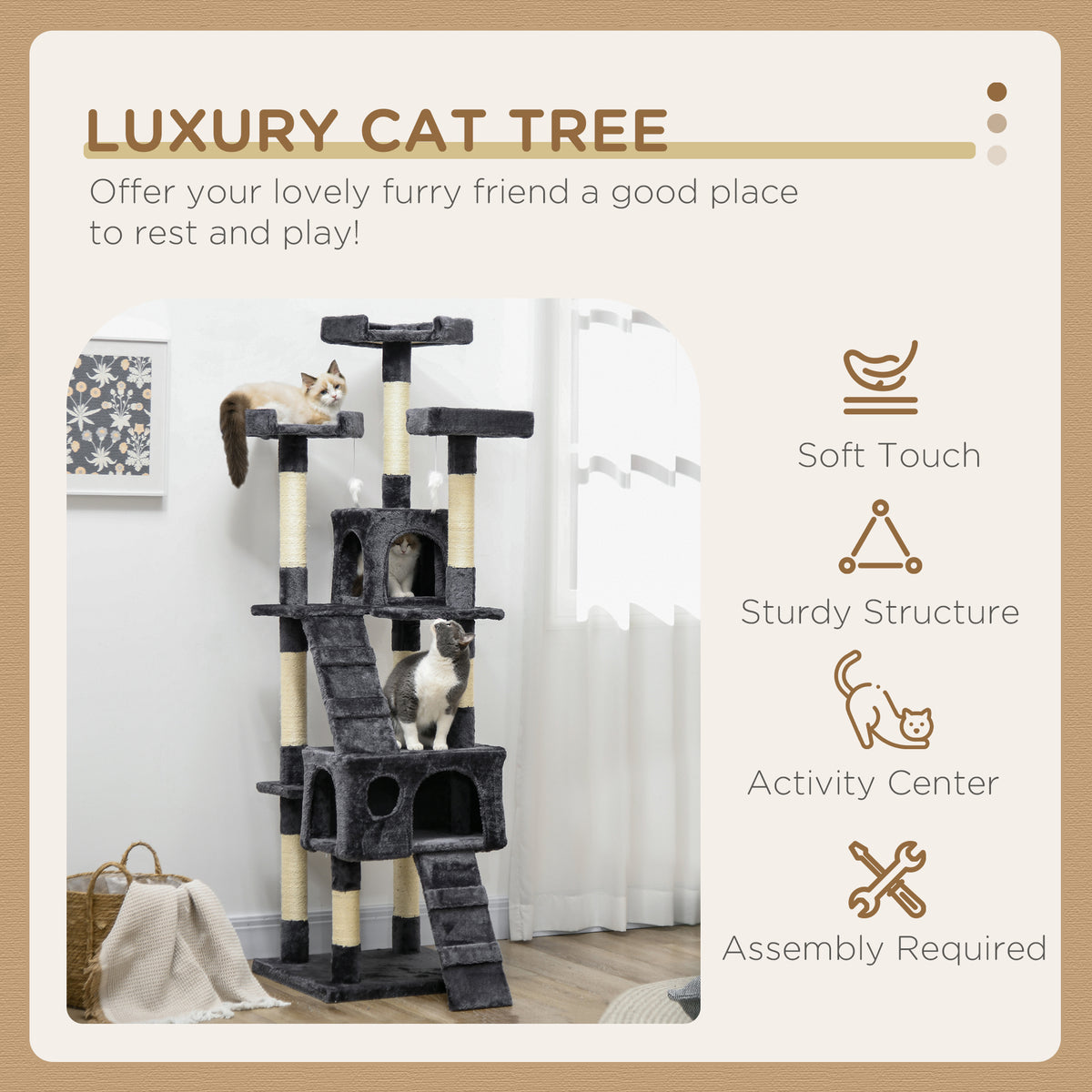 PawHut 173cm Cat Tree Scratching House, Activity Play Centre, Charcoal Grey PawHut