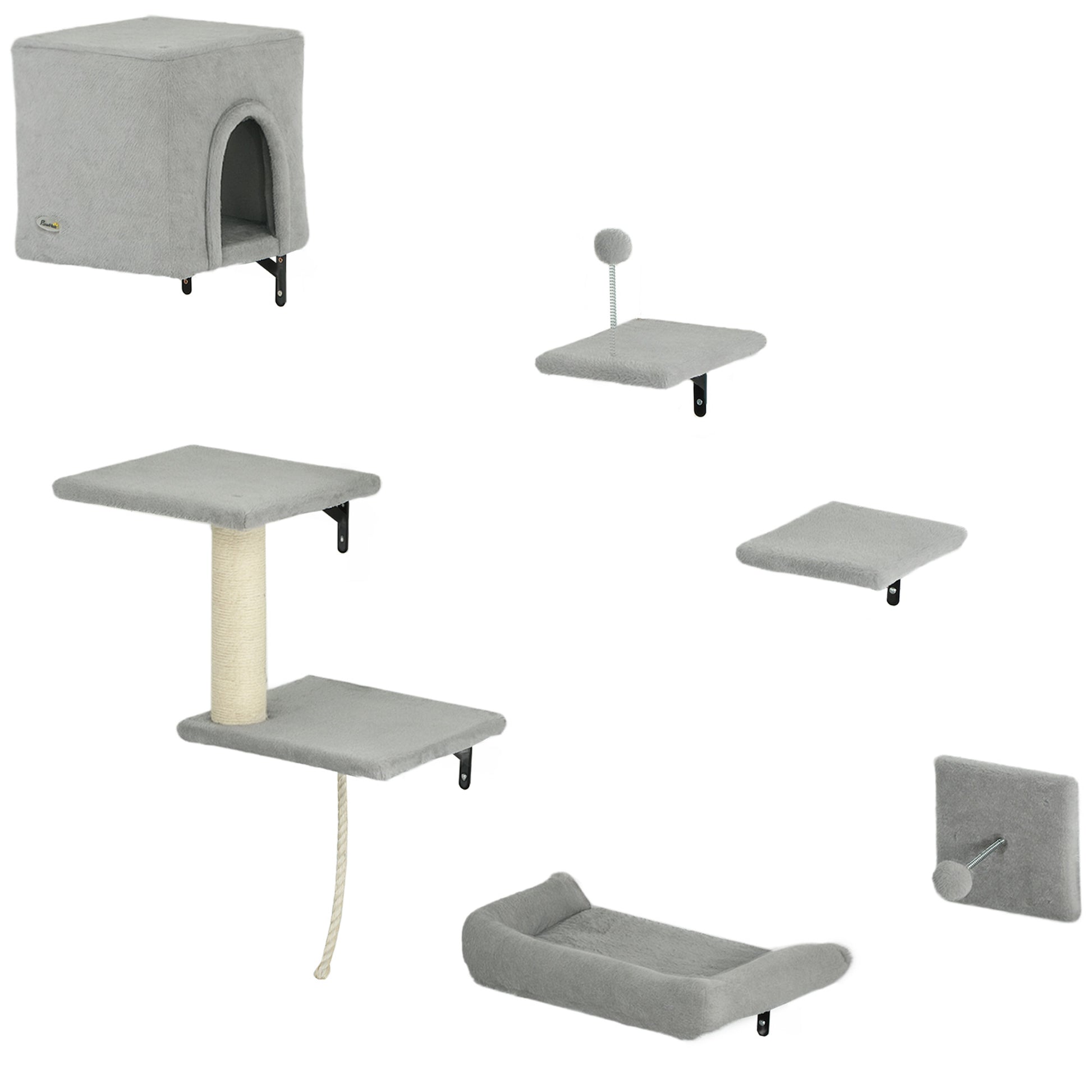 6-Piece Cat Wall Shelves Set with Condo, Cat Wall Furniture with Platforms, Sisal Scratching Post, Bed, Toy Ball, Grey