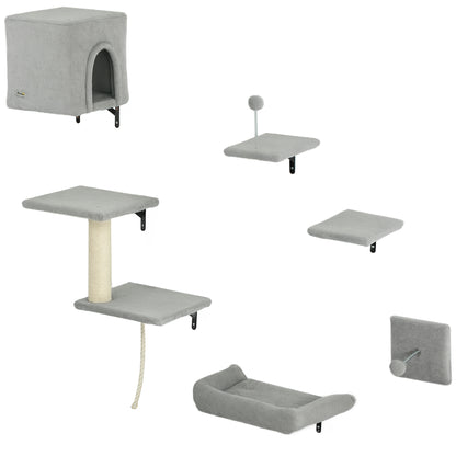6-Piece Cat Wall Shelves Set with Condo, Cat Wall Furniture with Platforms, Sisal Scratching Post, Bed, Toy Ball, Grey