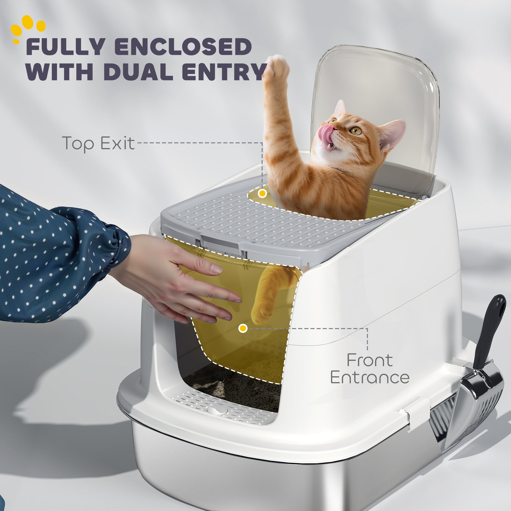 Large Stainless Steel Litter Box, Enclosed Metal Cat Litter Tray with Scoop & Deodoriser Bag, Front-Entry & Top-Exit
