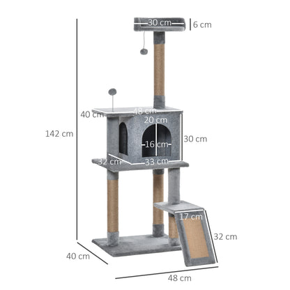 PawHut 142cm Cat Tree with Jute Scratching Posts, Platform & Hanging Toy – Grey Cat Trees & Towers PawHut