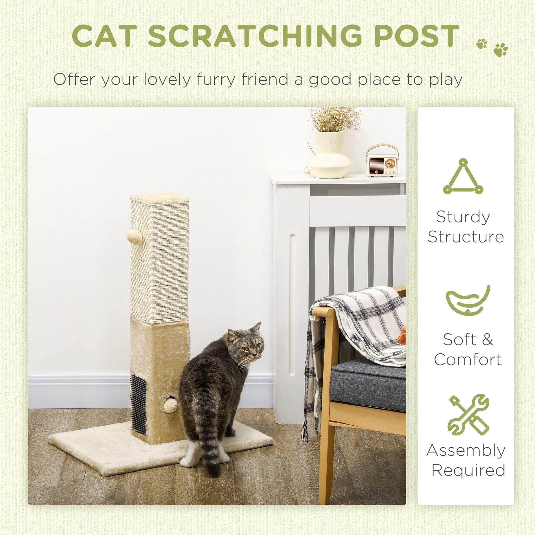 Interactive Cat Scratching Post, Jute Material with Carpet Base and Hanging Toy, Beige