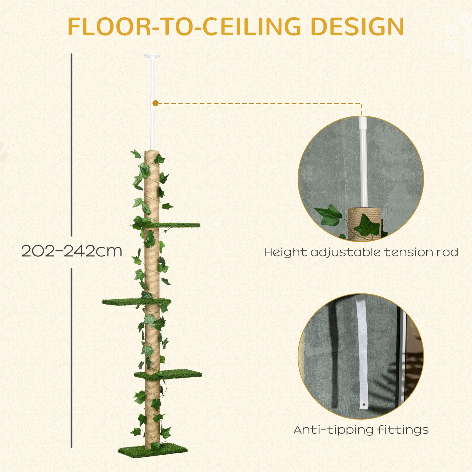 Floor to Ceiling Cat Tree,  Adjustable Kitten Tower, Anti-slip Kit, Highly Simulated Multi-Layer Activity Centre, Green