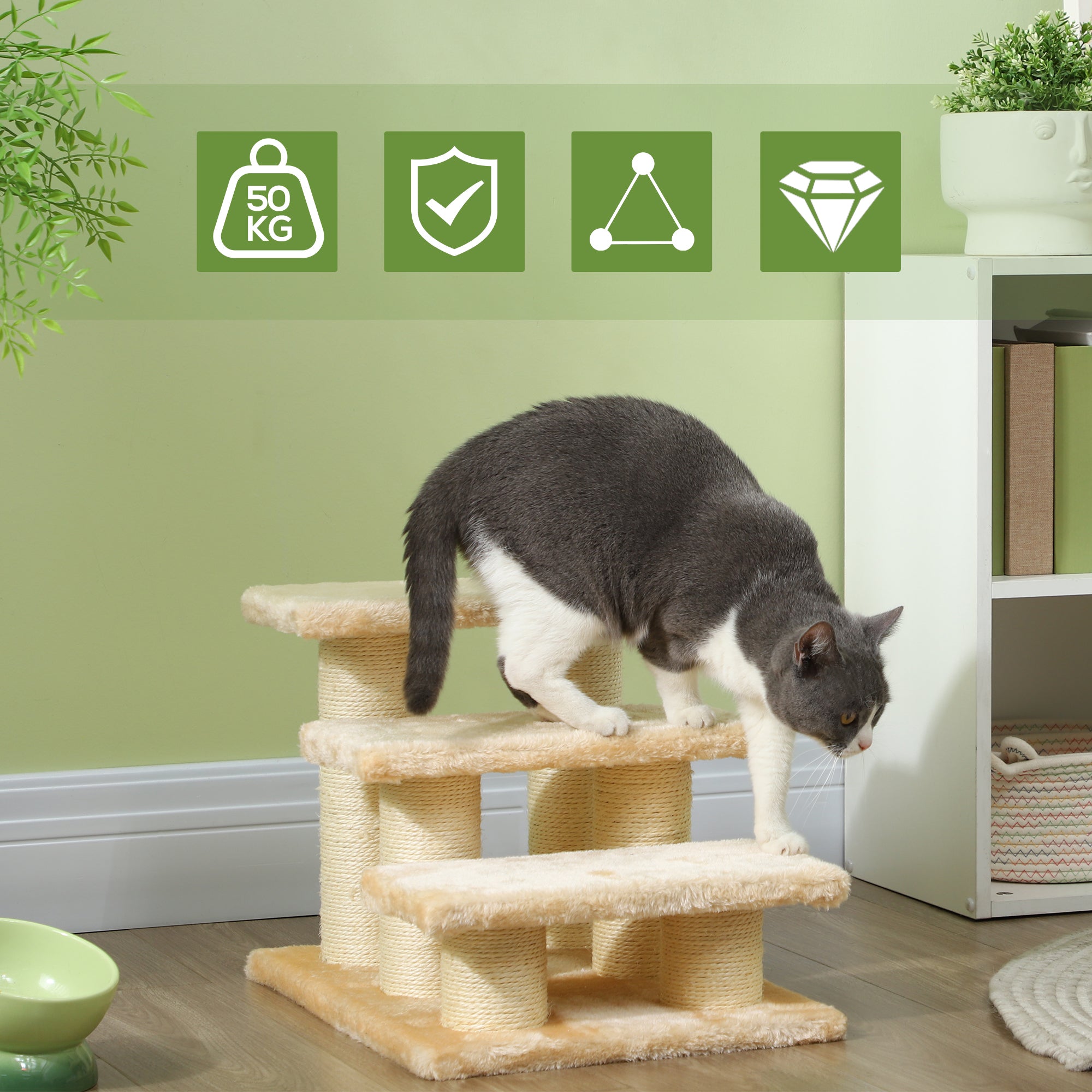 Pet Steps, 3-Step Climber Ladder for Cats & Dogs, Plush Surface, Portable for Older Animals Assistance, Cream