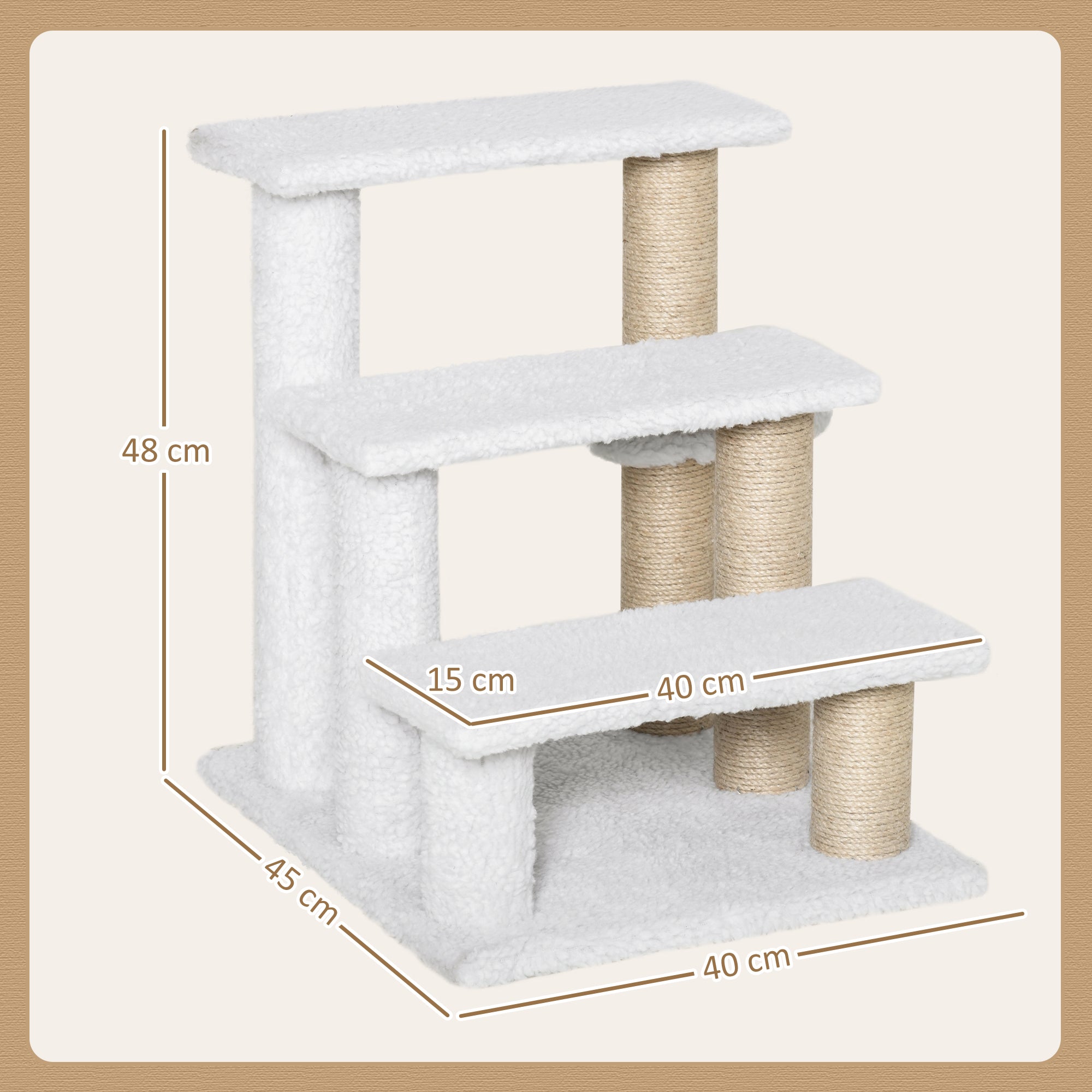 Pet Stair with 3-step Climb Ladder, Scratching Posts, Platforms, Toy Ball, for Indoor Cats Kittens, White