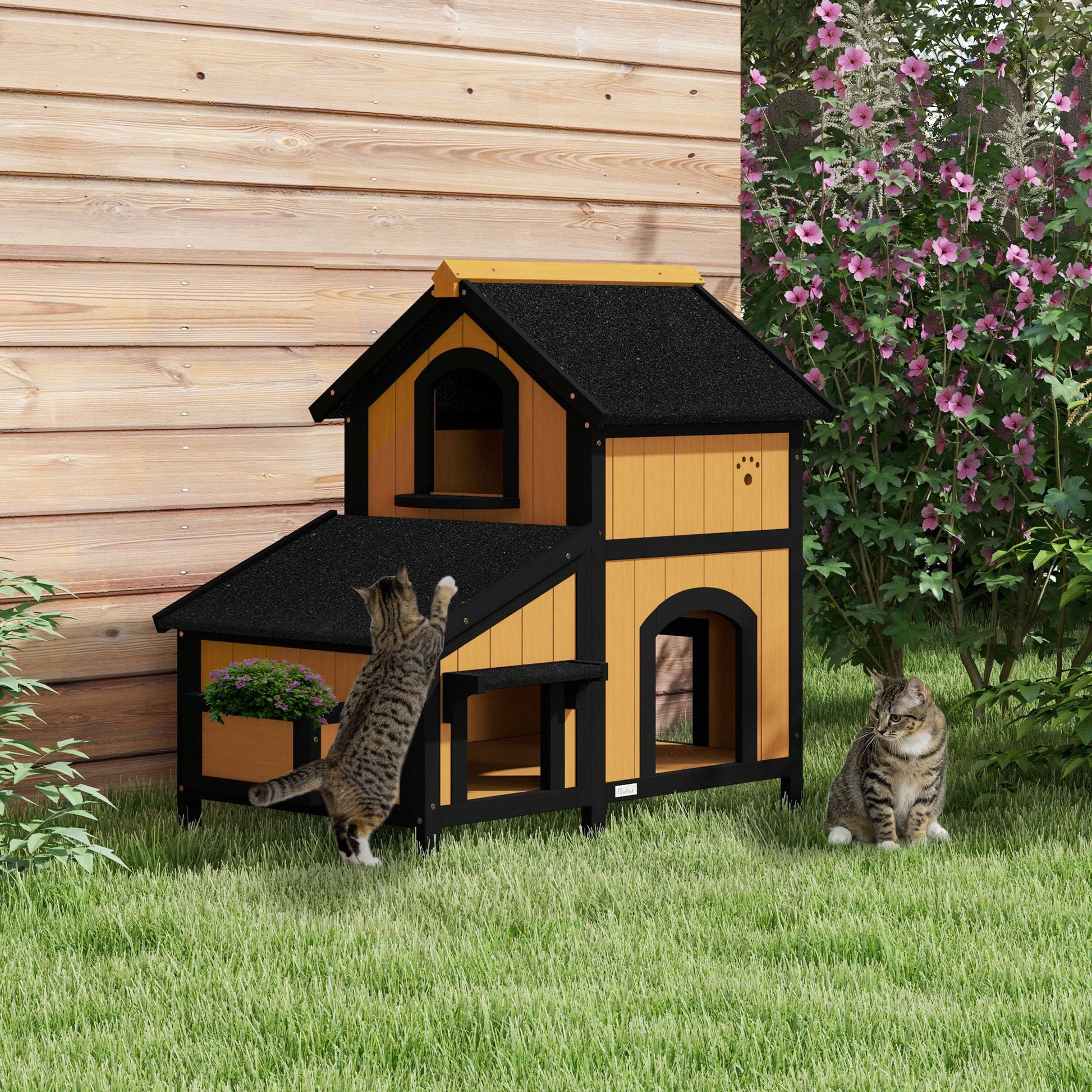 Wooden Cat House With Flower Pot Windows Multiple Entrances Aosom UK