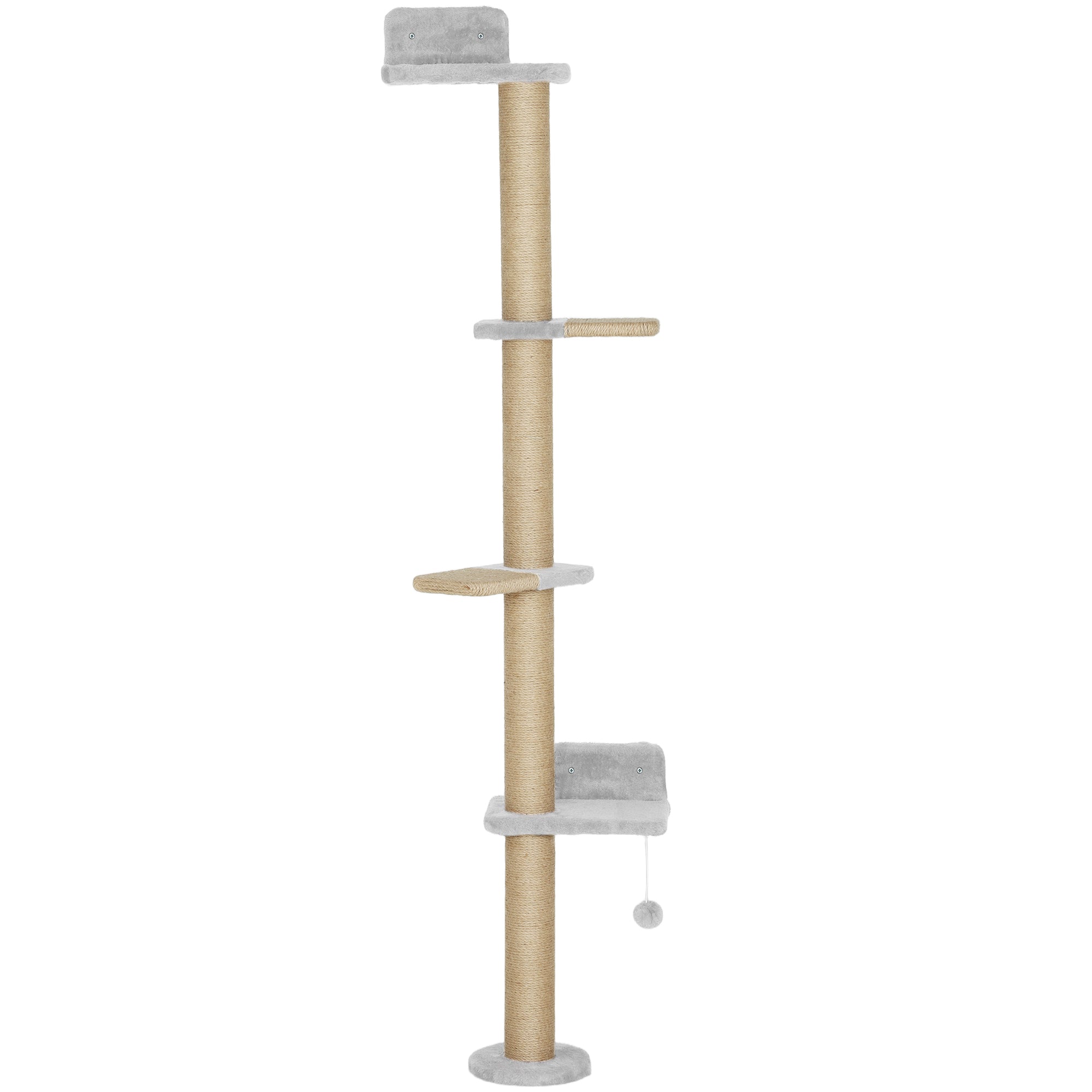 Wall Mounted Cat Shelves, Cat Climbing Wall with 4 Climbing Platforms, Jute Scratching Post and Toy Ball  Light Grey