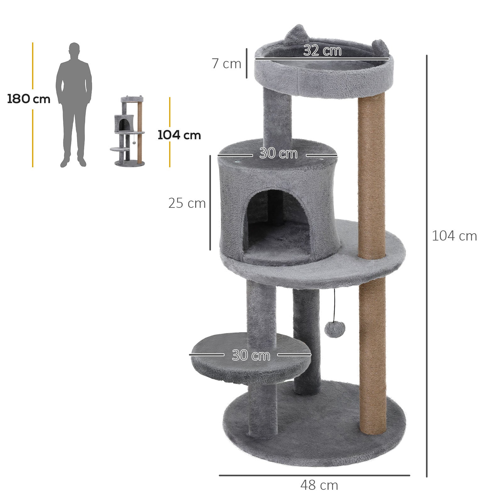 Deluxe Cat Tree with 3-Tier, Scratching Posts, Play Ball, and Plush Toy for Climbing and Relaxing, Grey