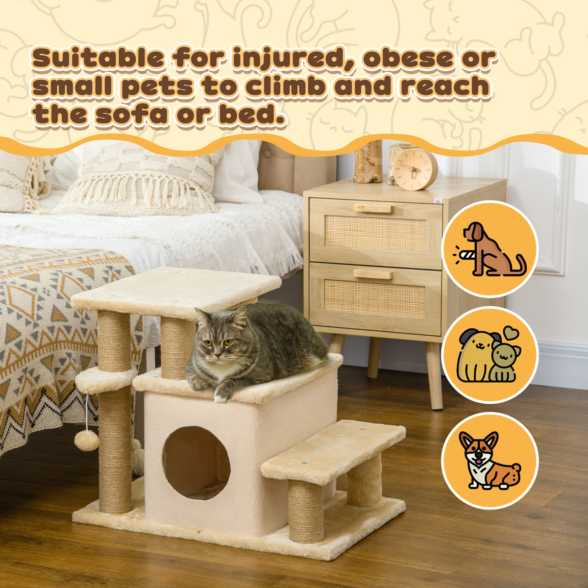 PawHut Adjustable Cat Steps, with House & Hanging Toy Ball - Beige PawHut