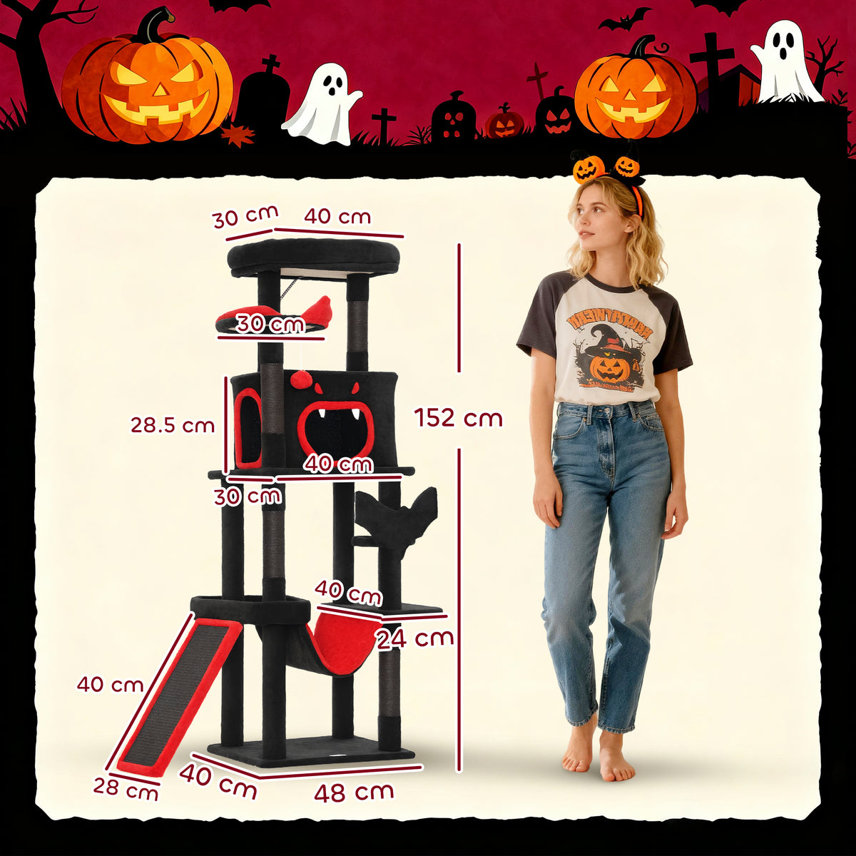 PawHut Gothic Cat Tree, 152 cm Multi-Level Cat Tower for Large Cats with Coffin Bed, Large Condo, for Halloween PawHut
