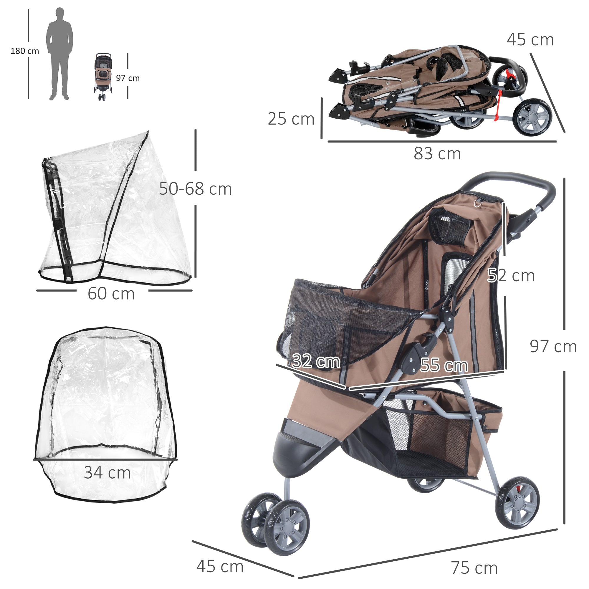 Lightweight Folding Dog Stroller with Cover, Cat and Dog Pushchair w/ Drink Holder, Storage Basket, Safety Features, Brown