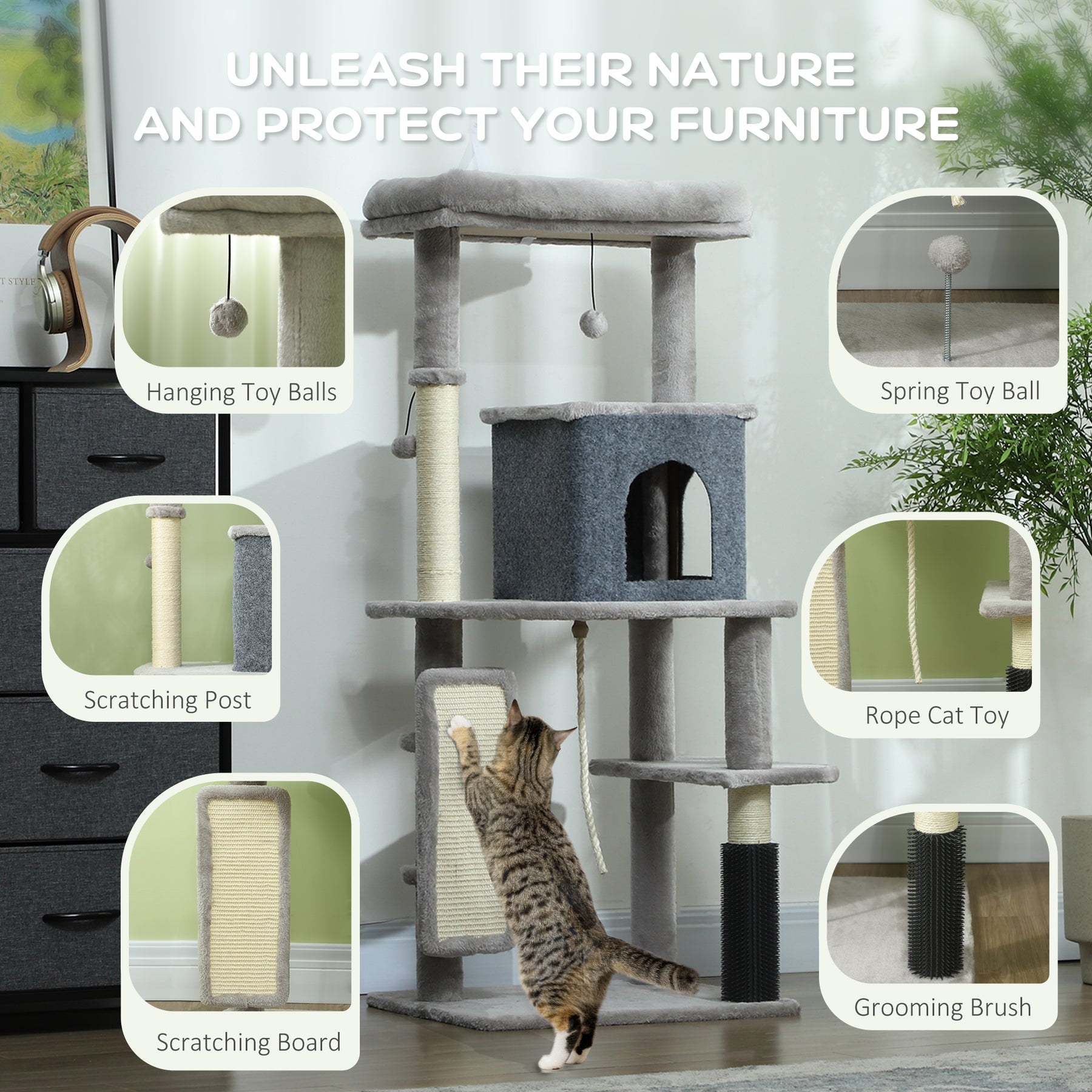 Cat Tree w/ Scratching Posts, Pad, Cat Bed, Cat House, Jumping Platform, Grooming Brush, Anti-Tip Kit, Light Grey