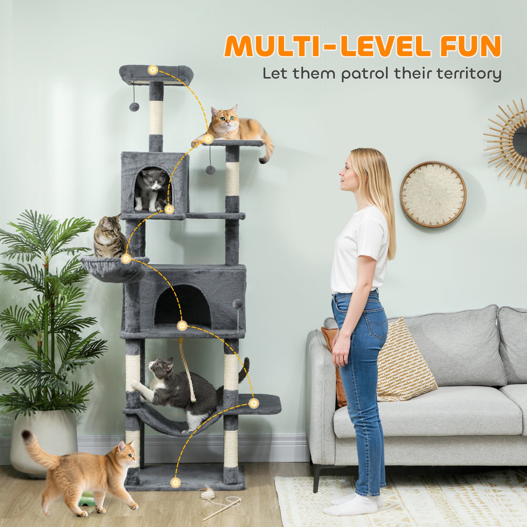 Large Cat Tree with 6 Scratching Posts, 2 Hammocks, 2 Condos, 2 Perches, Pompoms, for Indoor Cats to Rest and Play