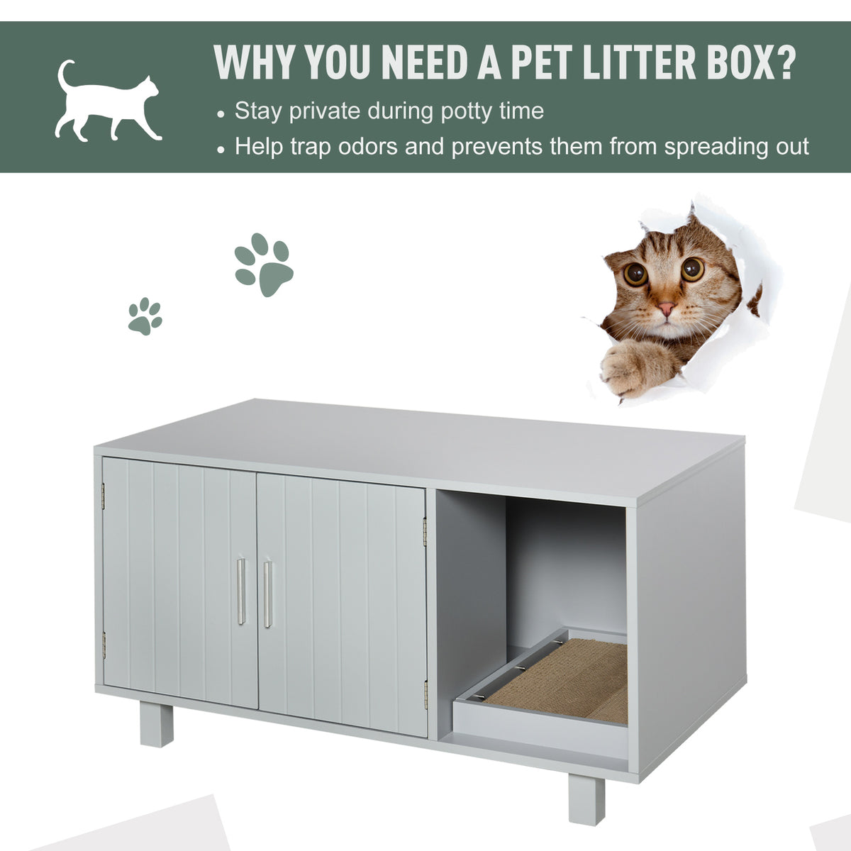 PawHut Wooden Cat Litter Box Enclosure & House with Nightstand/End Table Design, Scratcher, & Magnetic Doors, Grey PawHut