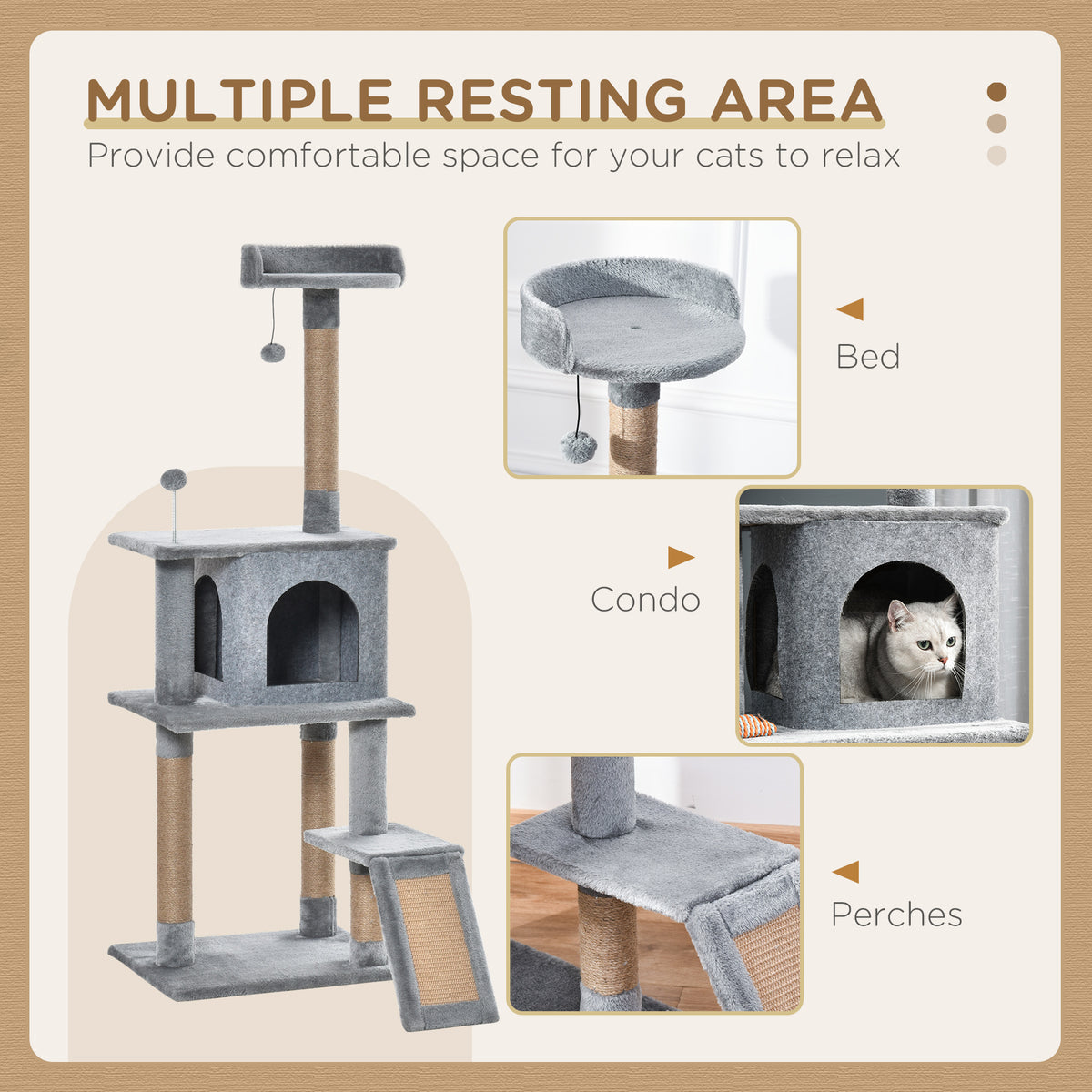 PawHut 142cm Cat Tree with Jute Scratching Posts, Platform & Hanging Toy – Grey Cat Trees & Towers PawHut