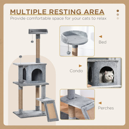 PawHut 142cm Cat Tree with Jute Scratching Posts, Platform & Hanging Toy – Grey Cat Trees & Towers PawHut
