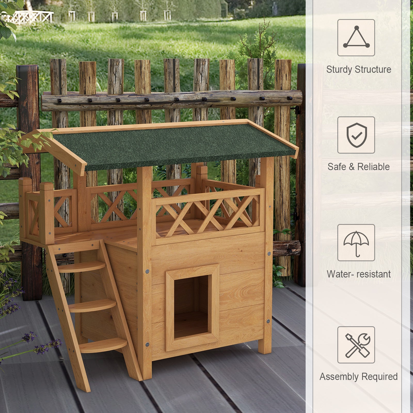 Cat House Outdoor w/ Balcony Stairs Roof, Natural