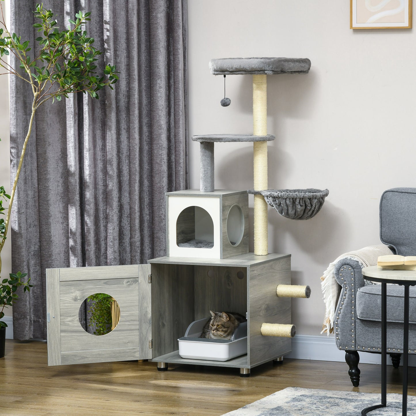 Enclosed Cat Litter Box With House Bed Scratching Posts Aosom UK