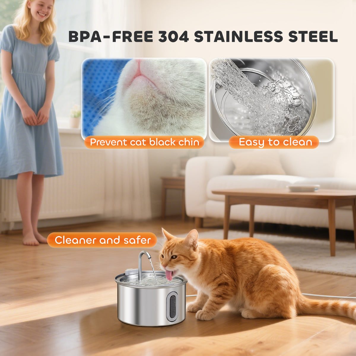 PawHut 2.5L Stainless Steel Cat Water Fountain for Drinking with Ultra-Silent Pump, Water-Level Window, 7 Filters PawHut