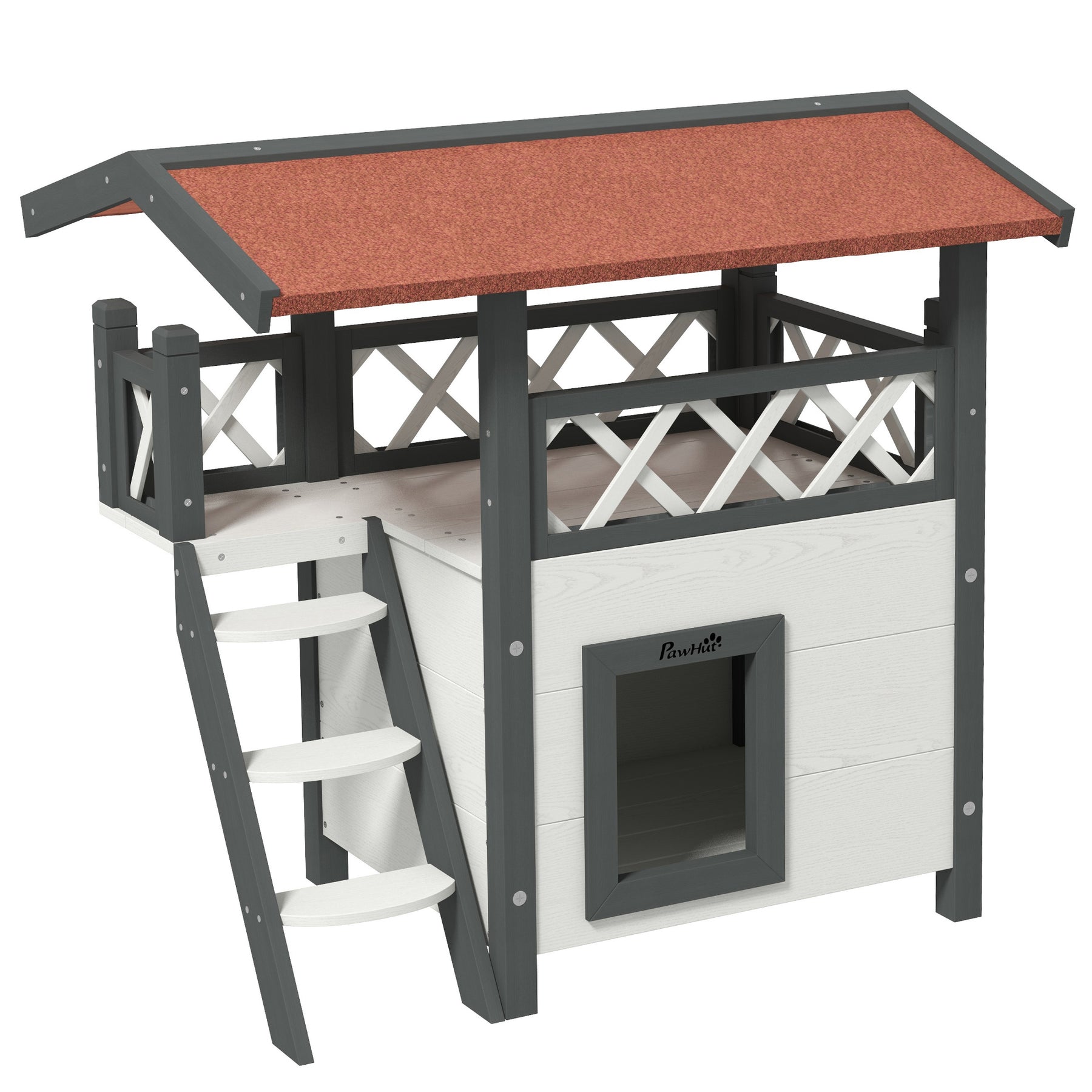 Cat House Outdoor w/ Balcony Stairs Roof, White