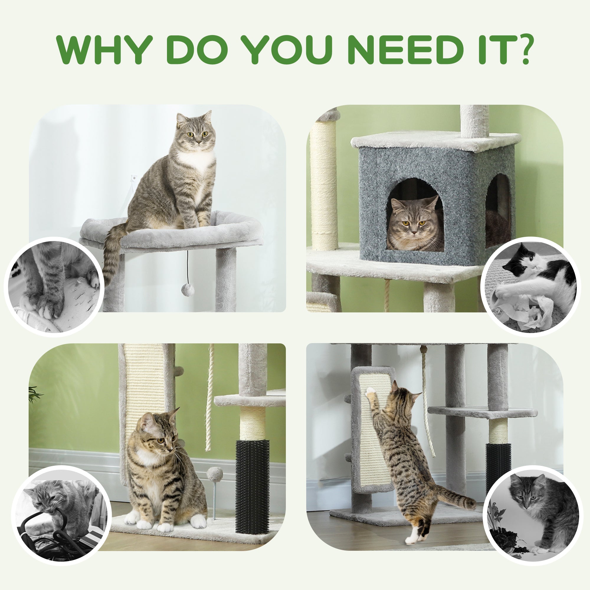 Cat Tree w/ Scratching Posts, Pad, Cat Bed, Cat House, Jumping Platform, Grooming Brush, Anti-Tip Kit, Light Grey