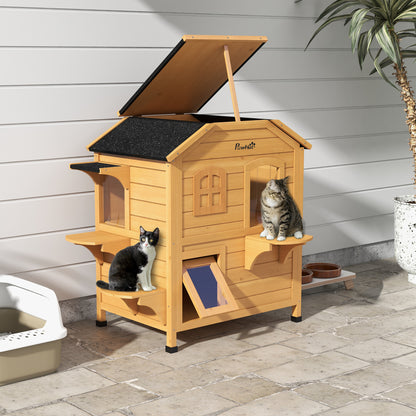Wooden Cat House Condos Cave Pet Shelter 2 Floor Villa Aosom UK