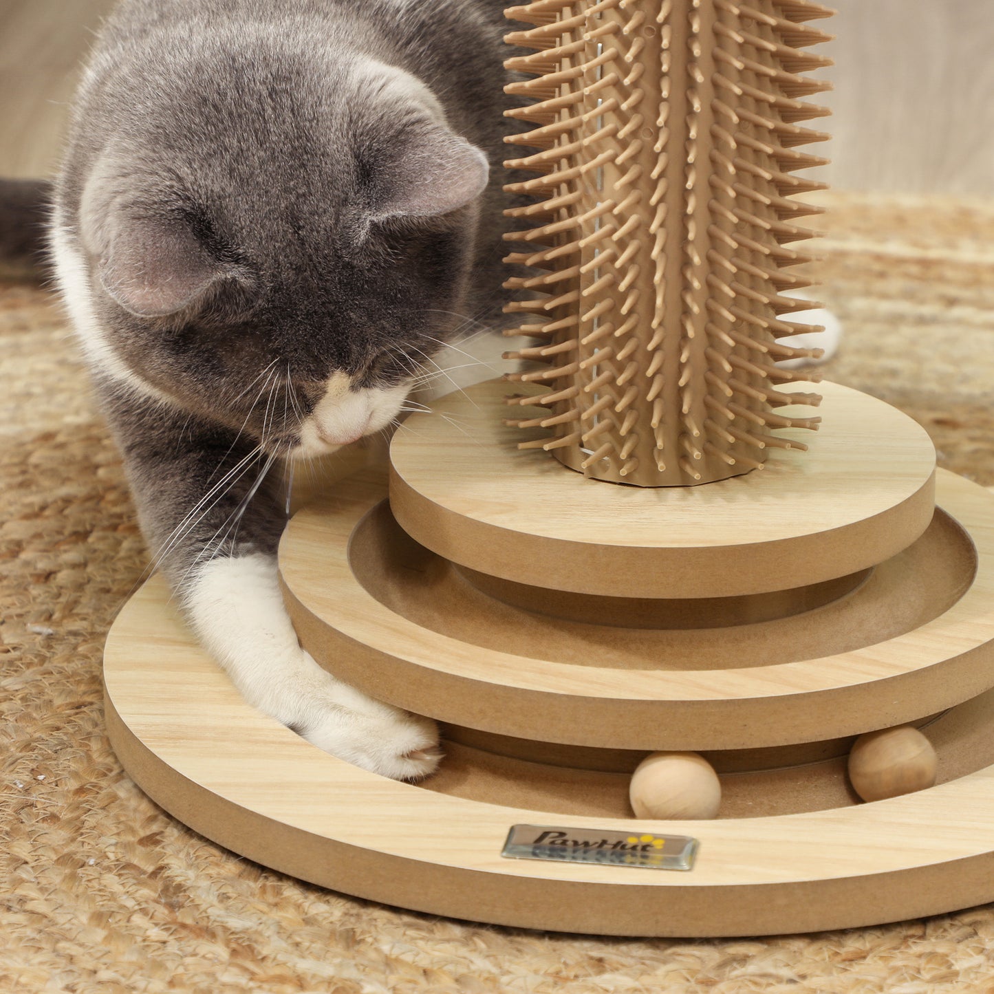 Scratching Post, 5 in 1 Cat Post with Sisal Post, Track Ball Toy, Self Grooming Brush, Hanging Toy Ball, Feather, Oak