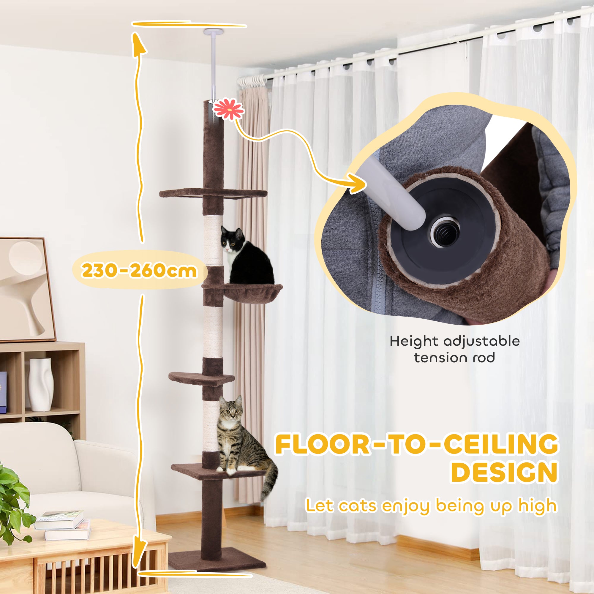 Cat Climbing Tree, 5-Tier Floor to Ceiling Adjustable Scratching Post Tower, Activity Centre, Brown,