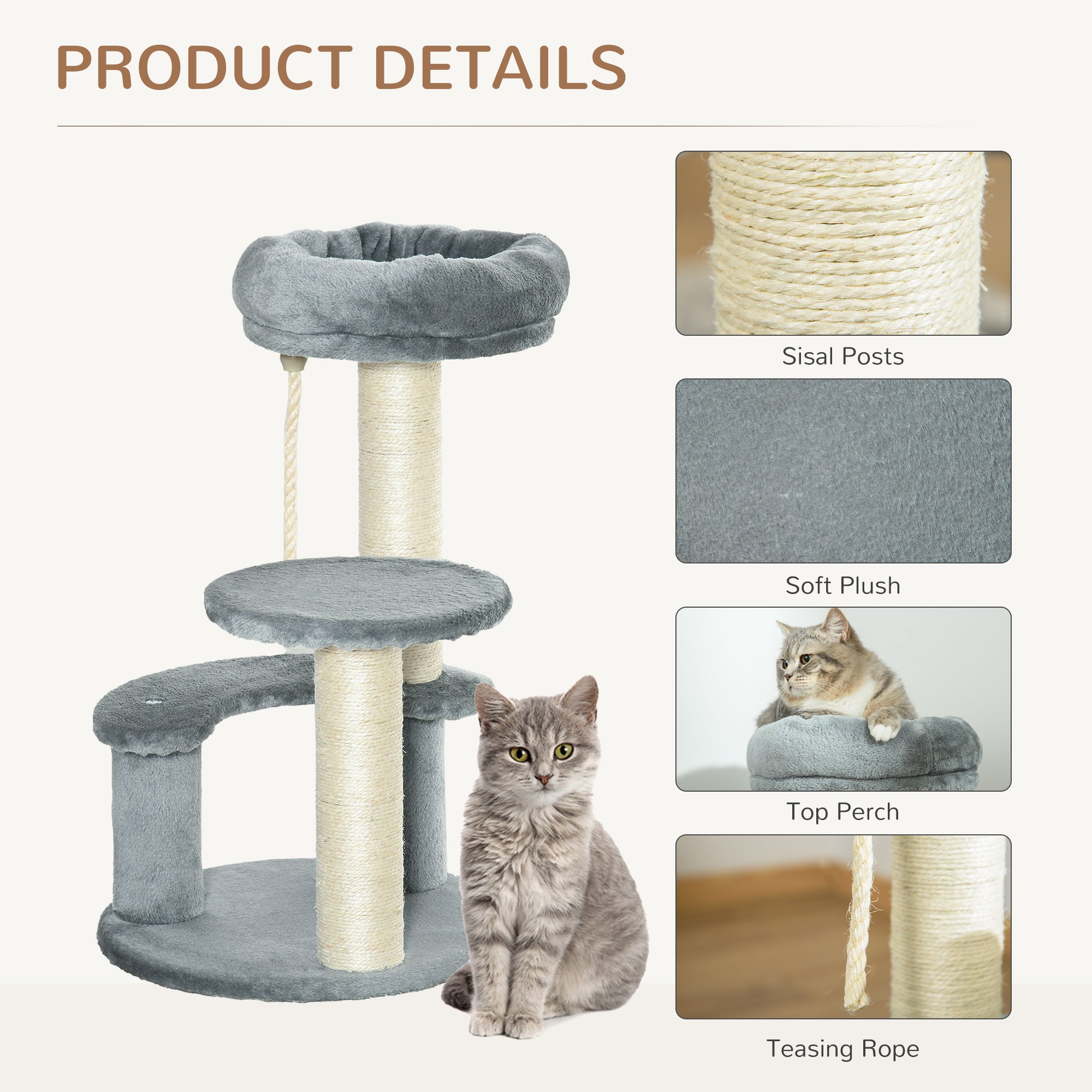 Cat Tree  Kitty Scratcher, Kitten Activity Centre with 2 Perches & Hanging Sisal Rope, Grey