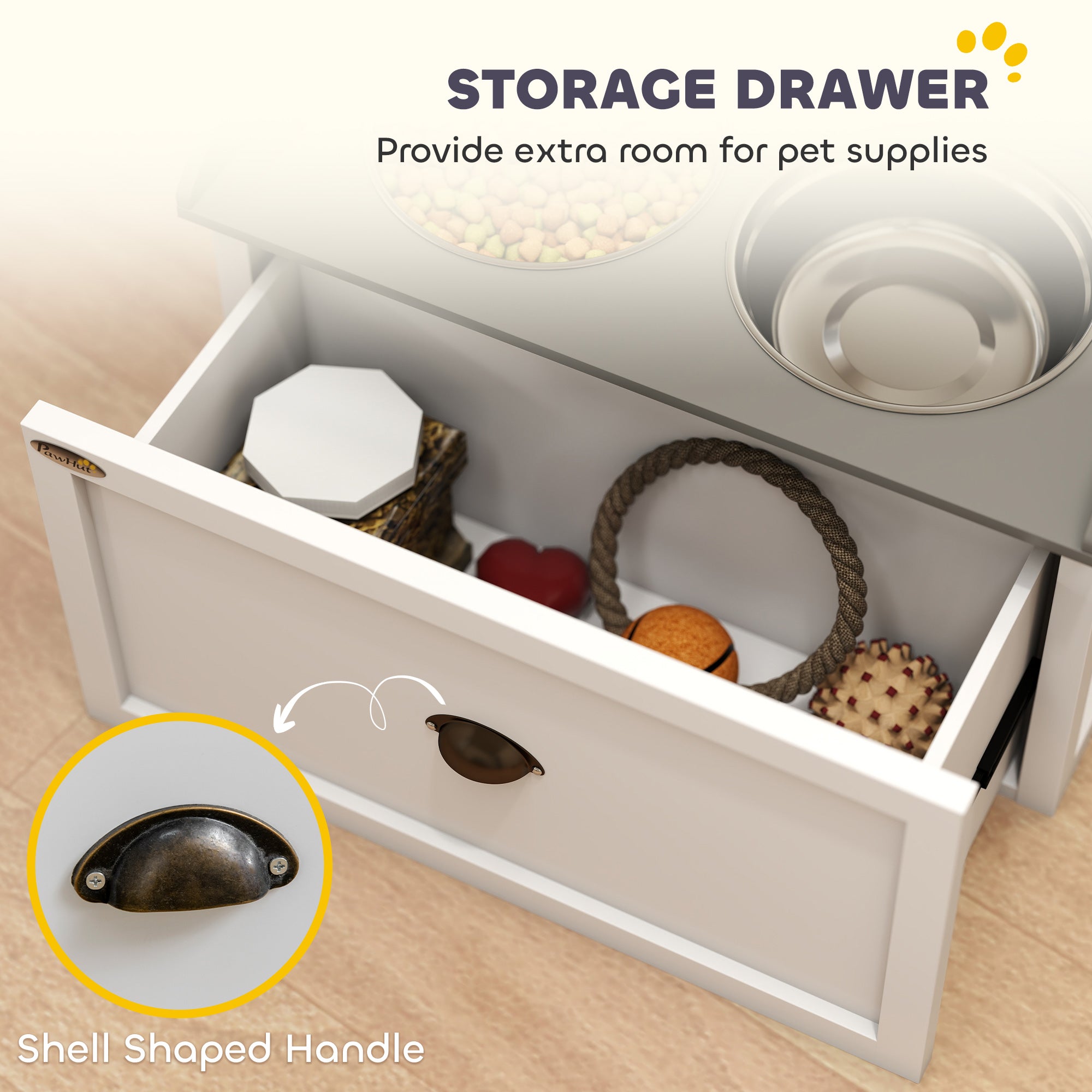 Stainless Steel Raised Dog Bowls with 21L Storage Drawer for Large Dogs and Cats - White