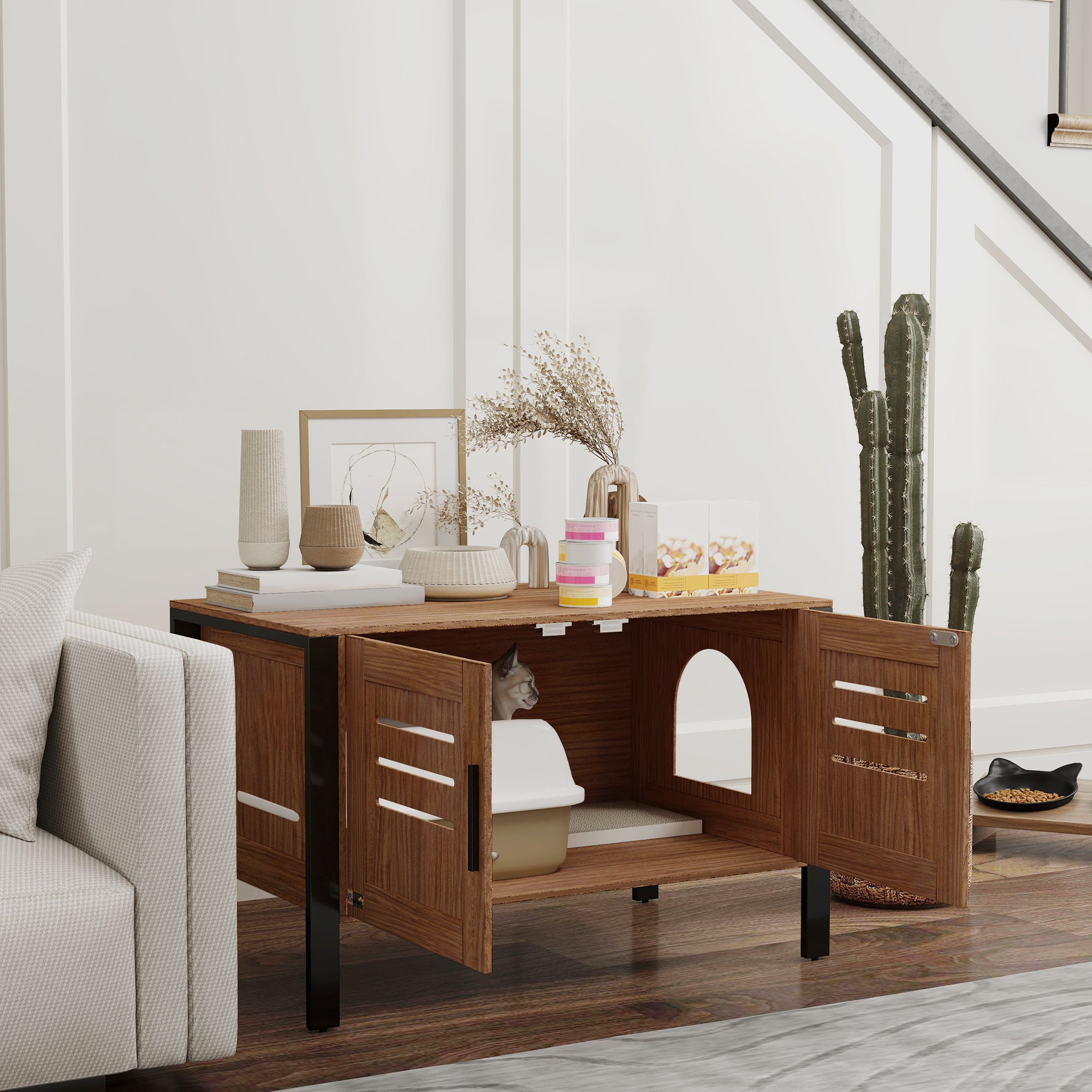 Cat Litter Box Enclosure with Tall Legs, Scratching Board, Double Doors, Ventilation Holes, Dark Brown