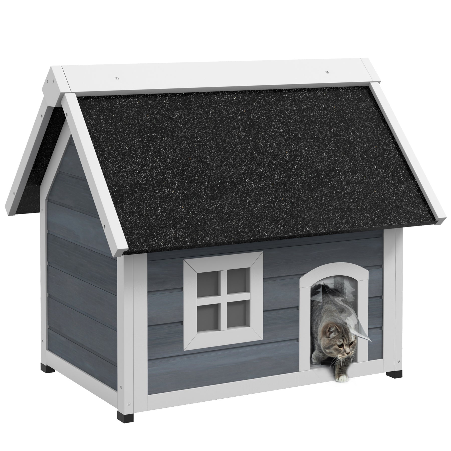 Outdoor Cat House, Wooden Feral Cat Shelter Waterproof Hide House with Openable Asphalt Roof and Three Doors, Grey
