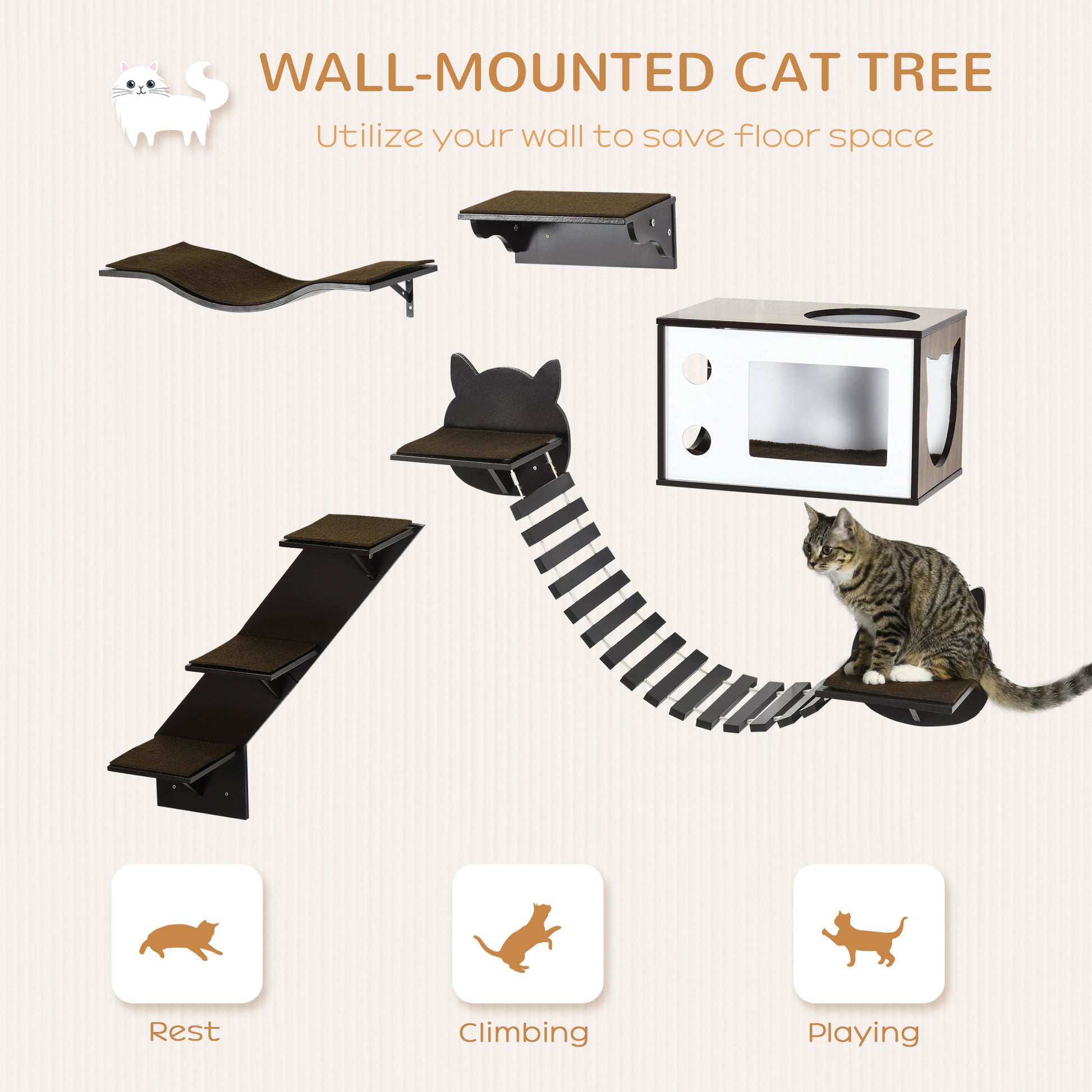 5 Pieces Cat Wall Shelves With Curved Platform Condo Bridge Aosom UK