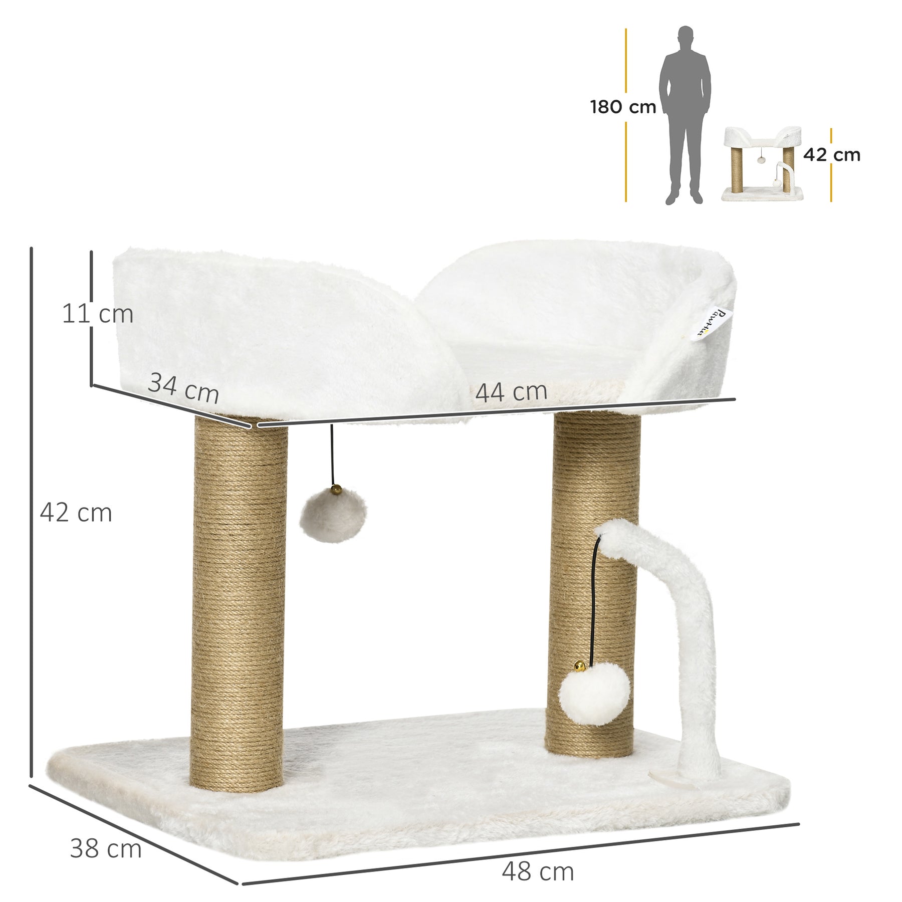 Kitten Climber: Indoor Cat Tree with Sisal Scratcher, Cosy Bed & Toy Balls, White Tower