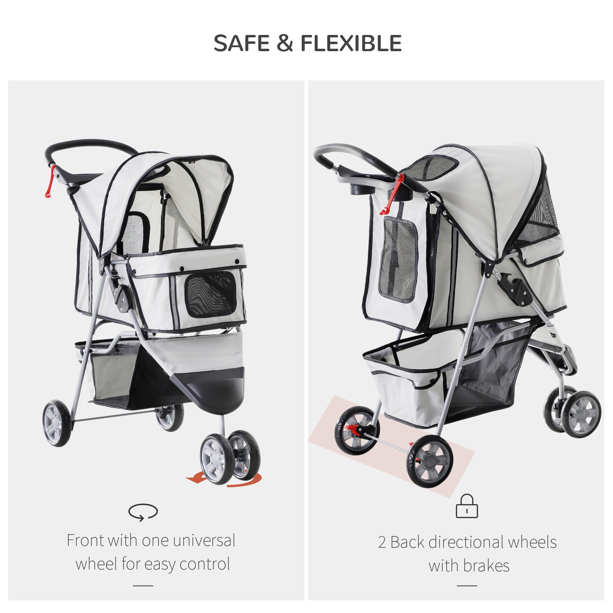 Small Dog Stroller with Cover, Folding Cat Pram Pushchair with Cup Holder, Storage Basket, Reflective Strips, Grey