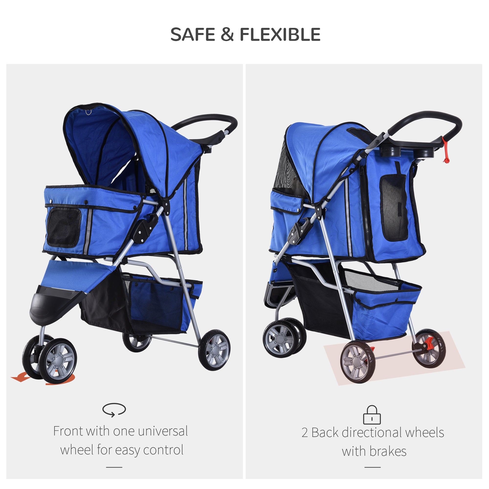 Dog Stroller, Miniature Dog and Cat Pushchair with Cover, Cup Holder, Storage, Reflective Safety Strips, Blue