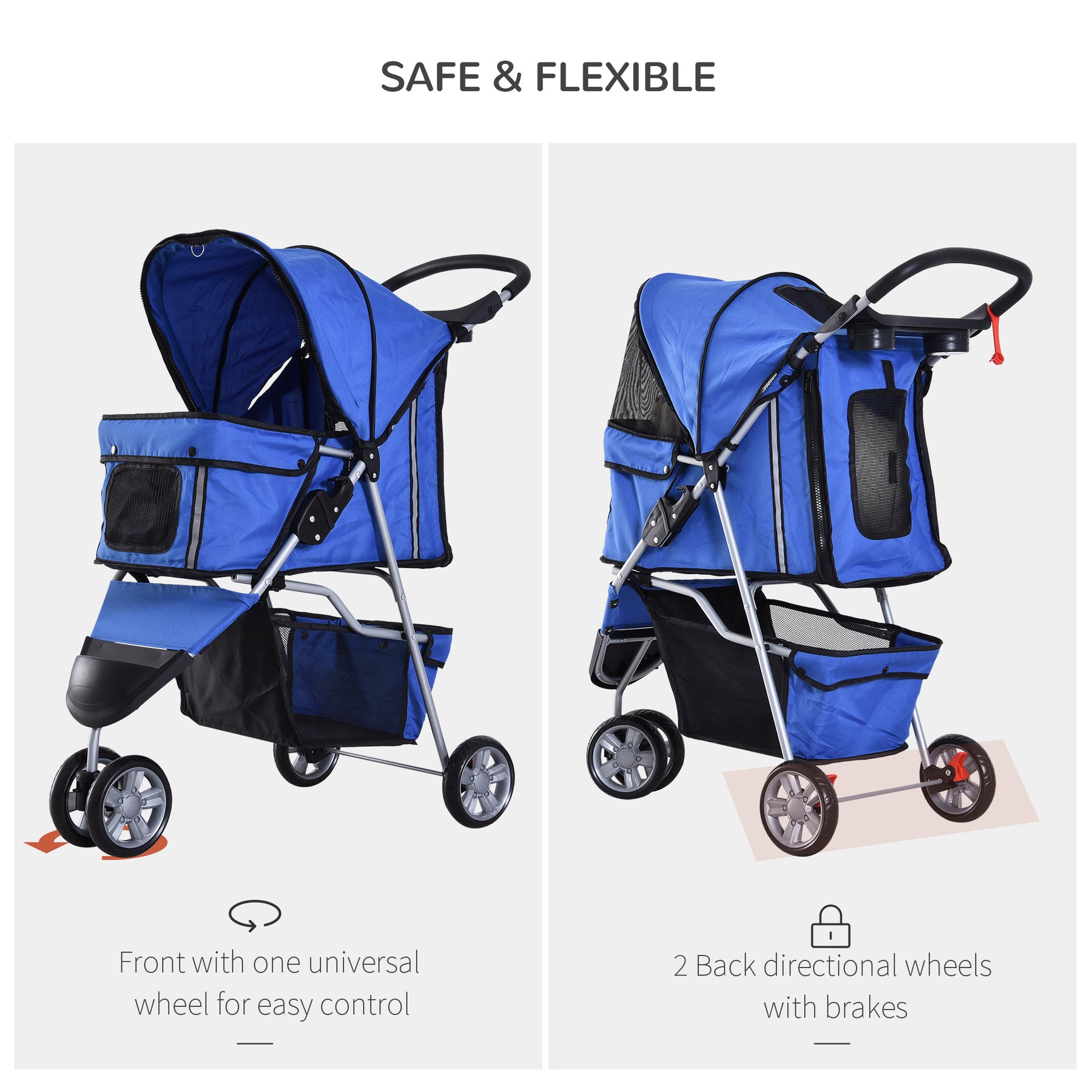 Dog Stroller, Miniature Dog and Cat Pushchair with Cover, Cup Holder, Storage, Reflective Safety Strips, Blue