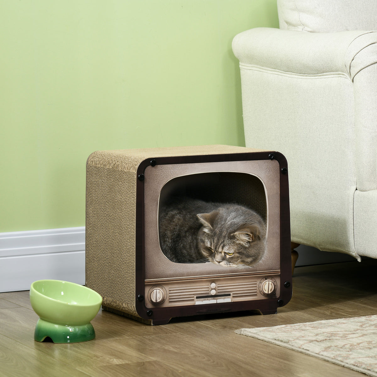 PawHut 2 in 1 TV Shape Cat Scratching Board House with Catnip, for Indoor Cats, Brown PawHut