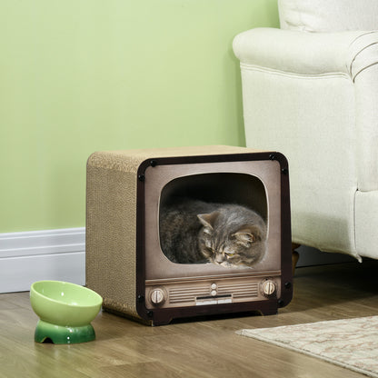 PawHut 2 in 1 TV Shape Cat Scratching Board House with Catnip, for Indoor Cats, Brown PawHut
