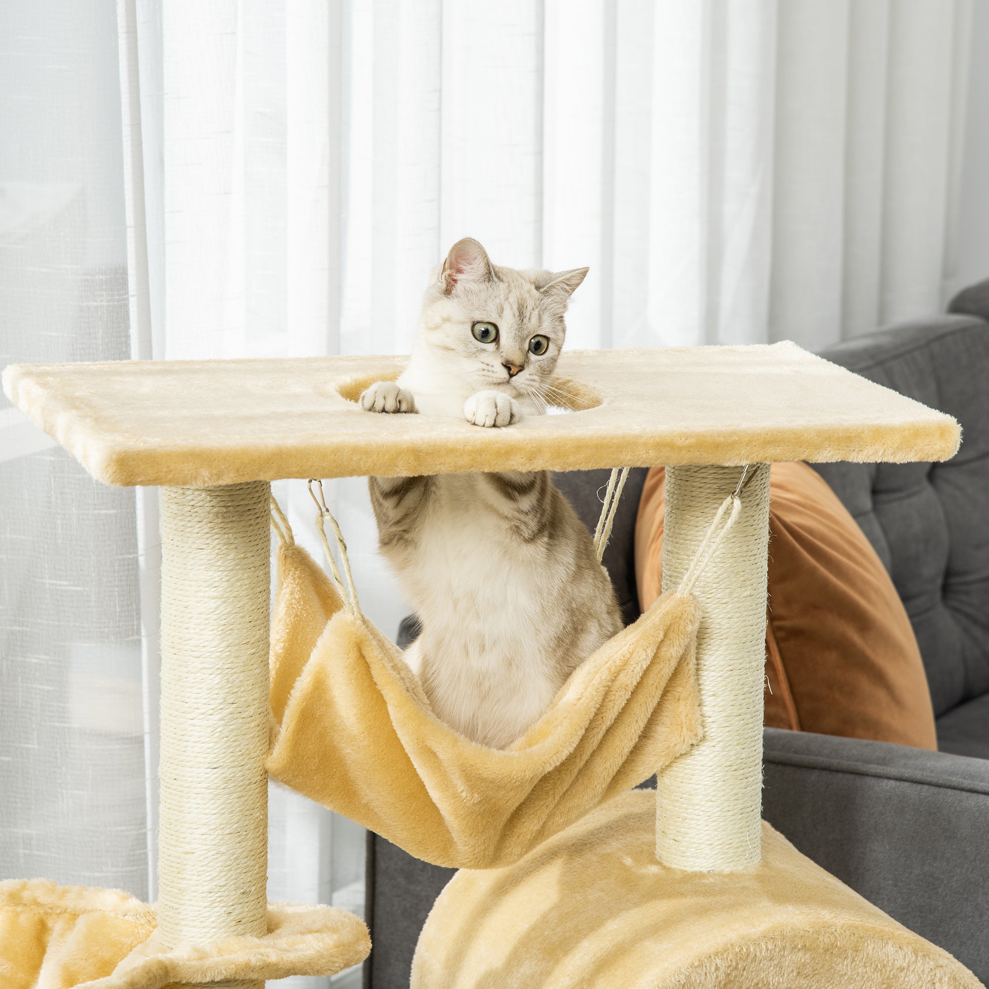 Cat Tree with Scratching Post, Hammock, Condo, Basket, Ladder Activity Centre for Kittens Beige