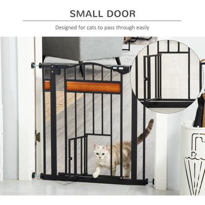 PawHut Pet Gate Safety Gate, with Cat Flap, Auto Close, for Staircases, Doorways, Hallways, 74-80cm Wide - Black PawHut