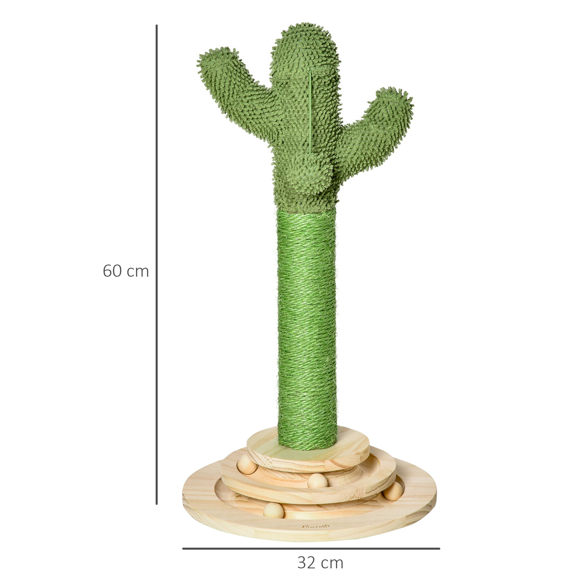 Cactus-Shaped Cat Tree Tower, Green, with Sisal Scratching Post, Hanging Ball, Funny Cat Ball Platform