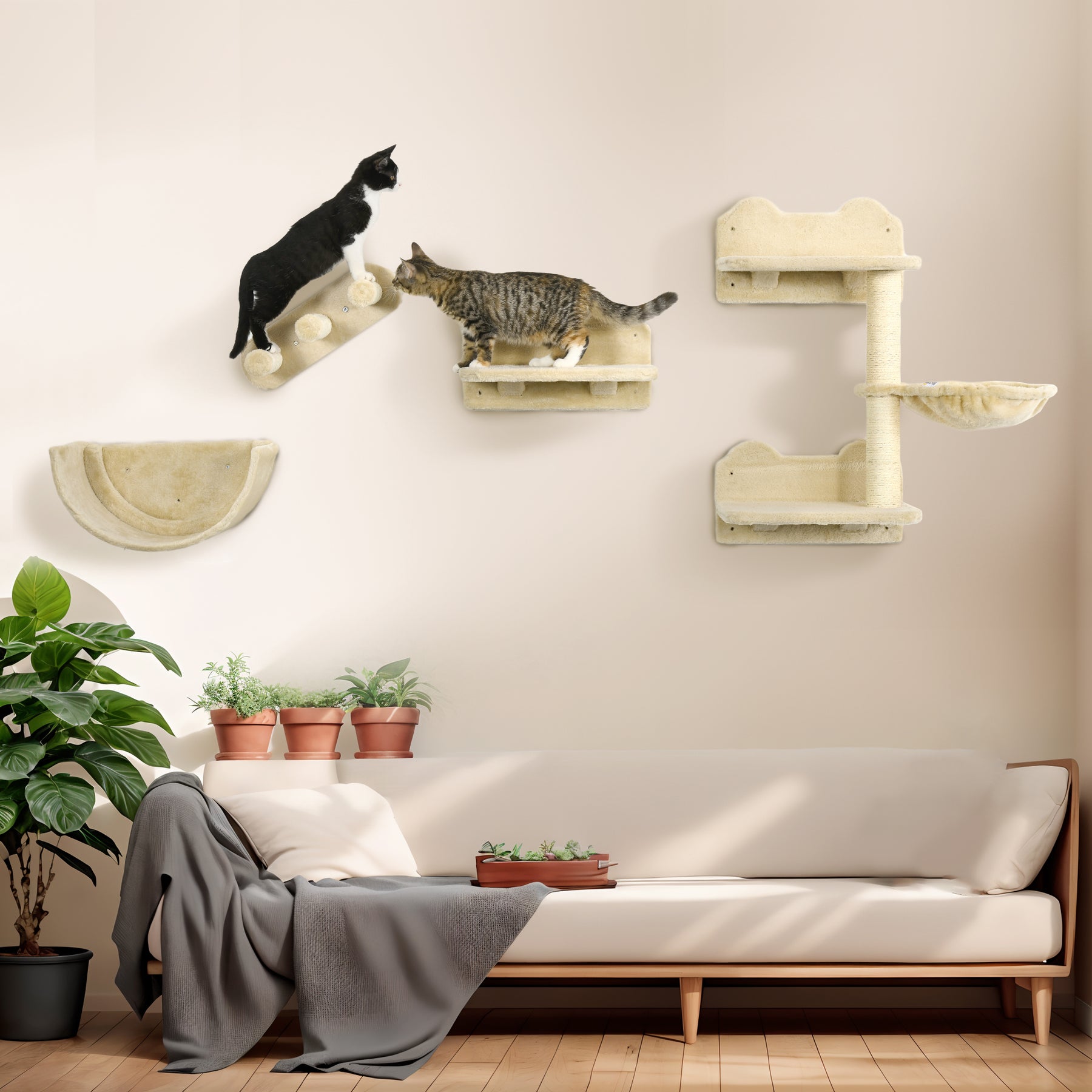 Wall-mounted Cat Shelves Set, Climbing Activity Centre with Hammock, Scratching Post & Jumping Platform for Kittens, Beige
