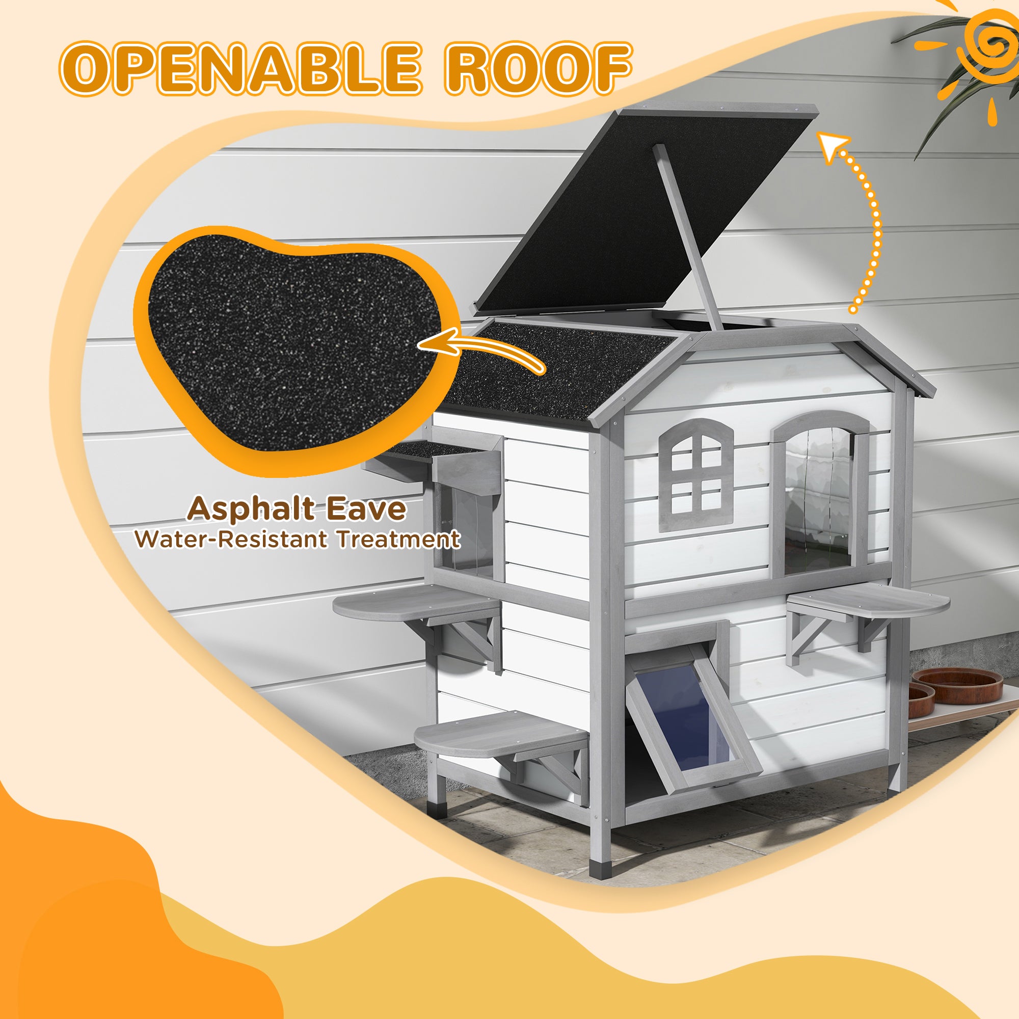2-Storey Indoor or Outdoor Wooden Cat Enclosure Kitty Shelter with Escape Door, Openable Weatherproof & Waterproof Roof, White