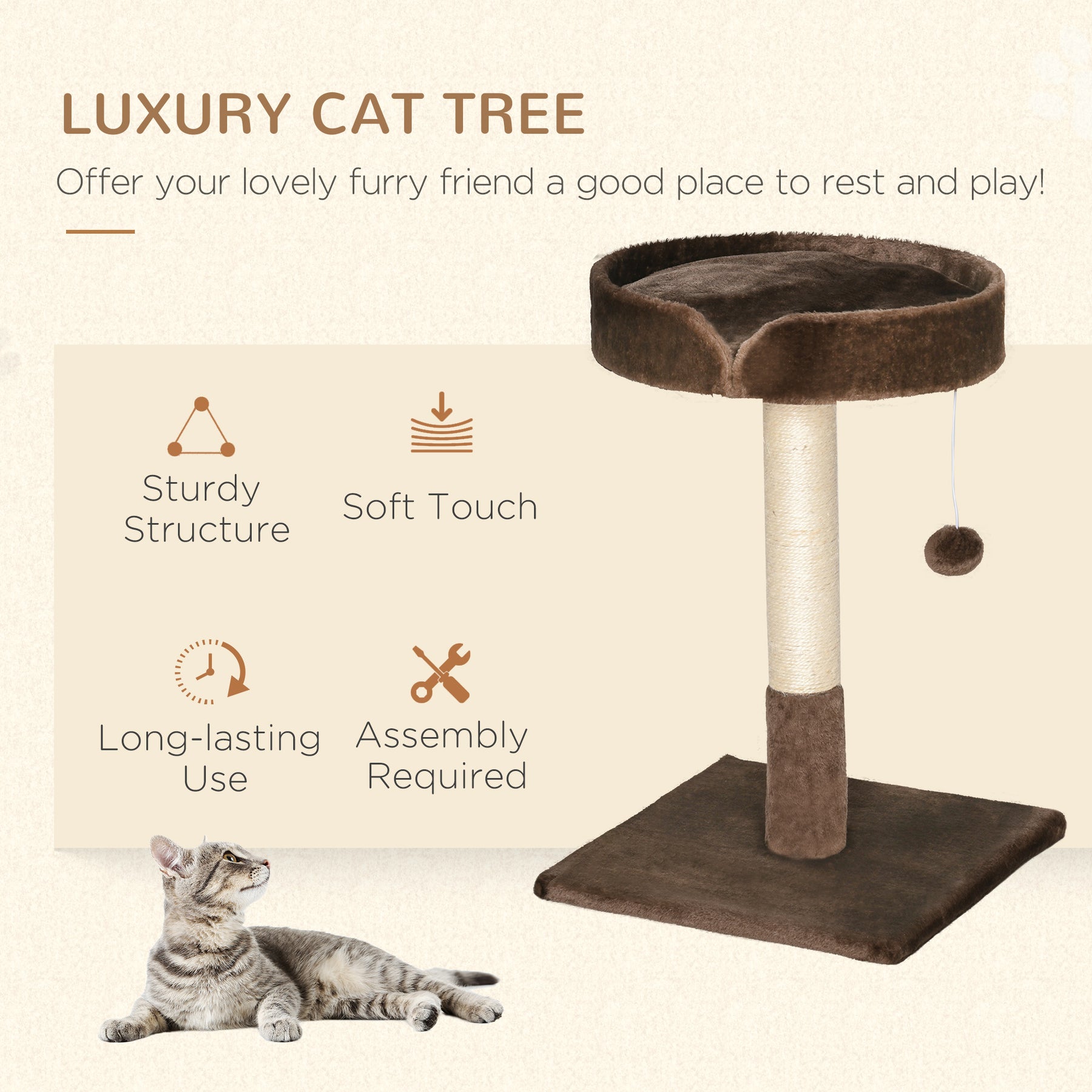 Compact Cat Tree, Sisal Scratching Post, Soft Bed, Play Toy, for Kittens, Brown,